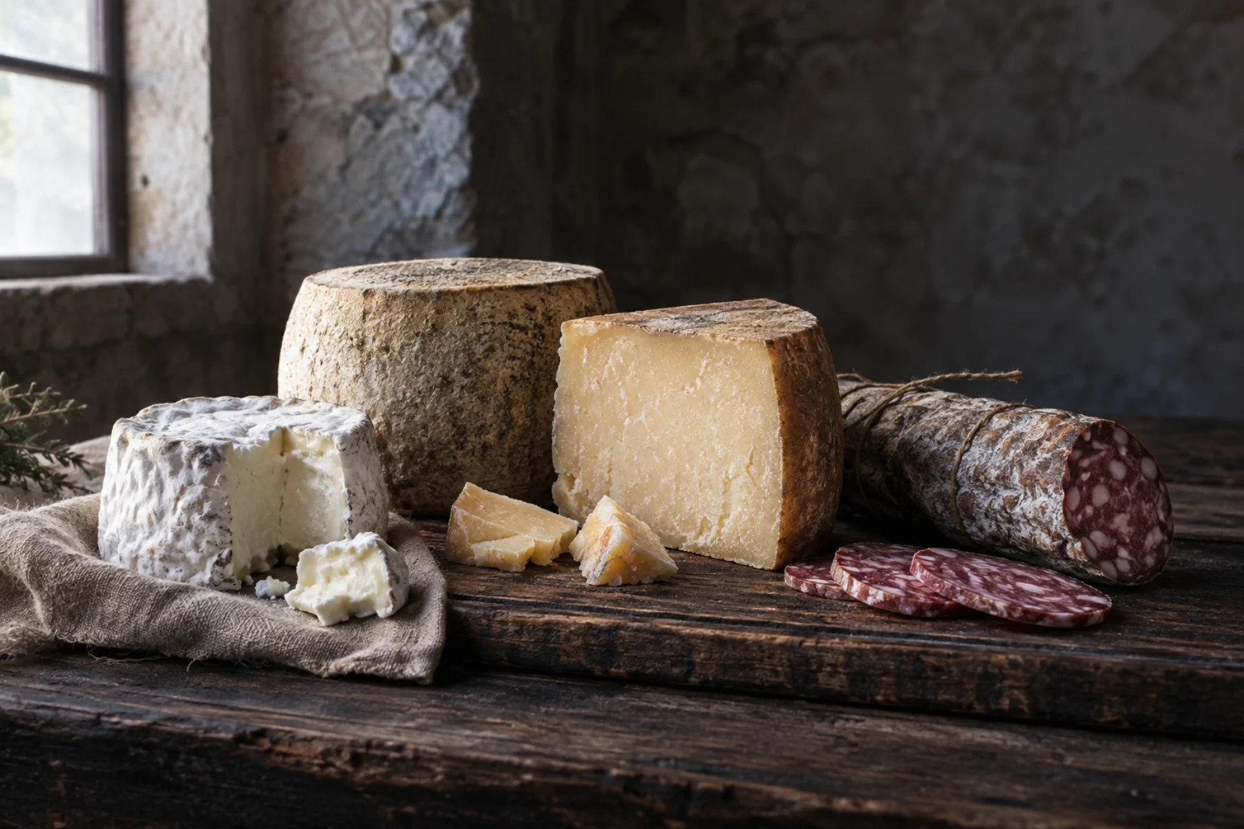 Formaggi a diversa stagionatura e salame artigianale su un tavolo in legno